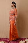 Shop_Label Nitisha_Orange Satin Embroidered Sequin V Neck Jacket And Draped Skirt Set _Online_at_Aza_Fashions