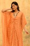 Label Niti Bothra_Peach Pure And Handwoven Banarasi Silk Embroidery Rosette V Kaftan With Palazzo_Online_at_Aza_Fashions