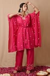 Label Nitisha_Pink Cotton Silk Embroidered Pearl Keyhole Boat Neck Kaftan And Pant Set _Online_at_Aza_Fashions