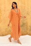 Shop_Label Niti Bothra_Peach Pure And Handwoven Banarasi Silk Embroidery Rosette V Kaftan With Palazzo_Online_at_Aza_Fashions