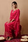 Shop_Label Nitisha_Pink Cotton Silk Embroidered Pearl Keyhole Boat Neck Kaftan And Pant Set _Online_at_Aza_Fashions