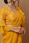 Buy_Label Nitisha_Yellow Organza Embroidered Pearl V Neck Pre-draped Ruffle Saree And Blouse Set _Online_at_Aza_Fashions