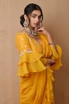 Shop_Label Nitisha_Yellow Organza Embroidered Pearl V Neck Pre-draped Ruffle Saree And Blouse Set _Online_at_Aza_Fashions