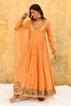 Label Niti Bothra_Peach Pure And Handwoven Banarasi Silk Floral Bloom Angarkha Anarkali Set_Online_at_Aza_Fashions