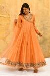 Label Niti Bothra_Peach Pure And Handwoven Banarasi Silk Floral Bloom Angarkha Anarkali Set_at_Aza_Fashions