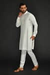 Buy_SAMMOHAN CEREMONIAL_White Silk Cotton Woven Herringbone Pattern Band Collar Kurta Set _Online_at_Aza_Fashions