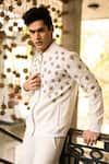 Shop_Vaani Beswal_Off White Handwoven Cotton Embroidered Thread Adeel Bomber Jacket _Online_at_Aza_Fashions