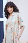 KARAJ JAIPUR_Cream Muslin Polka Dot Shirt Collar Print Slip Dress With For Women_at_Aza_Fashions
