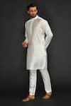 SAMMOHAN CEREMONIAL_White Silk Cotton Woven Herringbone Pattern Band Collar Kurta Set _at_Aza_Fashions