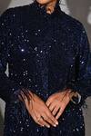 Shop Jyoti Sachdev Iyer Blue Velvet Sequins, Feathers Bandeau Neck Embroidered Jacket And Trouser Set at Aza Fashions Shop_Jyoti Sachdev Iyer_Blue Velvet Sequins, Feathers Bandeau Neck Embroidered Jacket And Trouser Set _at_Aza_Fashions