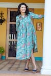Karaj Jaipur_Blue Muslin Printed Floral Spread Collar Pleated Dress_Online_at_Aza_Fashions