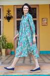 Shop_Karaj Jaipur_Blue Muslin Printed Floral Spread Collar Pleated Dress_Online_at_Aza_Fashions