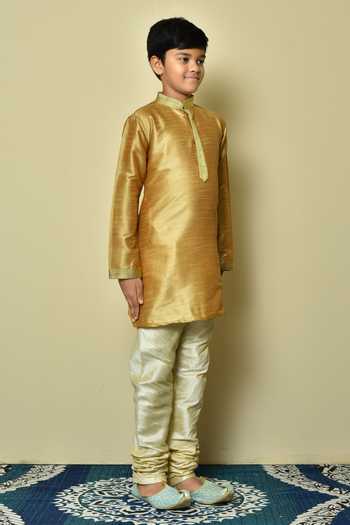 Petite Pomme_Gold Denim, Silk Embroidery Straight Hem Kurta And Churidar Set _at_Aza_Fashions