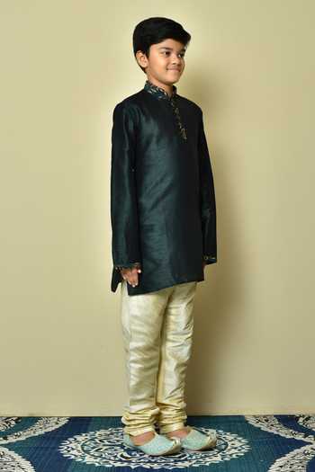 Shop_Petite Pomme_Green Silk Embroidery Mandarin Collar Kurta Set _Online_at_Aza_Fashions