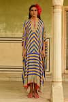 Swati Vijaivargie_Blue Silk Embroidery, Mirrors Mandarin Collar Striped Flared Kaftan _Online_at_Aza_Fashions