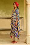 Buy_Swati Vijaivargie_Blue Silk Embroidery, Mirrors Mandarin Collar Striped Flared Kaftan _Online_at_Aza_Fashions