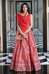 Pinki Sinha_Peach Silk Handwoven Lehenga Set With Unstitched Blouse Fabric_Online_at_Aza_Fashions