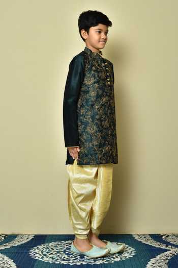 Shop_Petite Pomme_Green Silk Embroidery Floral Kurta Dhoti Pant Set _Online_at_Aza_Fashions