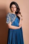 Kesar Studio_Blue Bamberg Silk (80 Grams) Embroidery Gitti Round Sleeve Gown _Online_at_Aza_Fashions