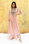 Label Niti Bothra_Pink Silk Embroidered Floral Scallop V Neck Applique Kurta With Pant_Online_at_Aza_Fashions