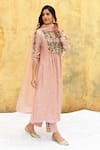 Buy_Label Niti Bothra_Pink Silk Embroidered Floral Scallop V Neck Applique Kurta With Pant_Online_at_Aza_Fashions