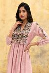 Shop_Label Niti Bothra_Pink Silk Embroidered Floral Scallop V Neck Applique Kurta With Pant_Online_at_Aza_Fashions