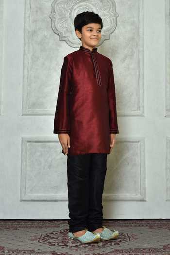 Petite Pomme_Maroon Silk Embroidery Long Sleeved Kurta _at_Aza_Fashions