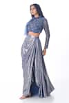 Buy_PIRI INDIA_Blue Organza, Tulle, Silk Embroidery Round Neck Hand Crop Top And Cowl Skirt Set _Online_at_Aza_Fashions