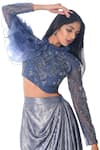 PIRI INDIA_Blue Organza, Tulle, Silk Embroidery Round Neck Hand Crop Top And Cowl Skirt Set _at_Aza_Fashions