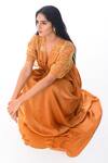 Buy_PIRI INDIA_Yellow Organza, Satin Embroidery V-neck Sleeve Kaftan Gown With Slip _Online_at_Aza_Fashions