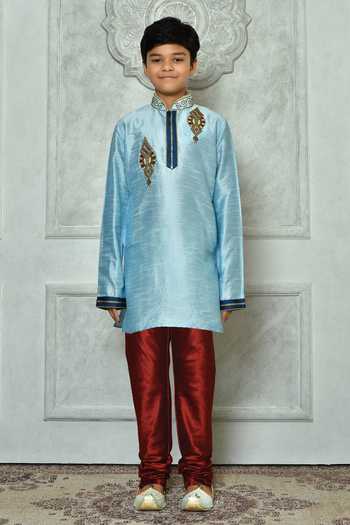 Buy_Petite Pomme_Blue Silk Beads, Stones Embroidered Sky Kurta And Red Churidar Set _Online_at_Aza_Fashions
