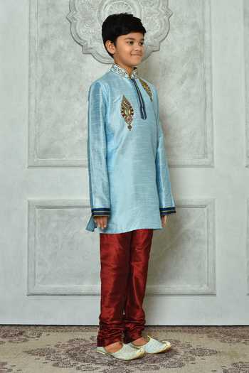 Petite Pomme_Blue Silk Beads, Stones Placement Embroidered Full Sleeve Kurta _at_Aza_Fashions