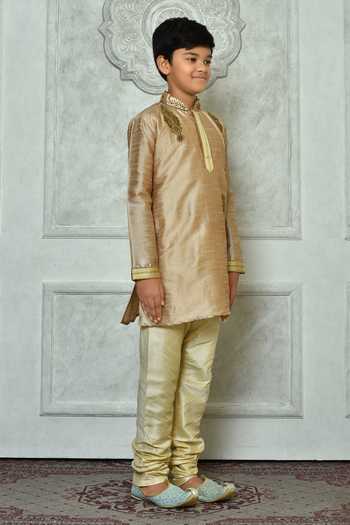 Petite Pomme_Brown Silk Stones, Beads Work Full Sleeve Kurta _at_Aza_Fashions