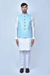 Shop_Khwaab by Sanjana Lakhani_Sky Blue Kurta And Pant: Art Silk Woven Leaf Bundi & Off White Set For Men_Online_at_Aza_Fashions
