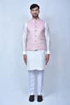 Shop_Arihant Rai Sinha_Pink Kurta And Pant Art Silk Woven Floral Patterns Bundi & Set _Online_at_Aza_Fashions