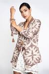 Buy_Anmol Kakad_Beige Satin, Linen Tassels Shawl Mosaic Pattern Jacket And Sleeveless Romper Set_Online_at_Aza_Fashions