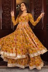 Shop_POMCHA JAIPUR_Yellow Dupatta Organza Print Floral Round Neck Mastani Botanical Anarkali Set _Online_at_Aza_Fashions