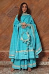 Pomcha Jaipur_Blue Cotton Chevron, Gota, Bandhani Round Neelkari Printed Anarkali Set _Online_at_Aza_Fashions