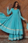 Shop_Pomcha Jaipur_Blue Cotton Chevron, Gota, Bandhani Round Neelkari Printed Anarkali Set _Online_at_Aza_Fashions