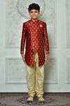 Petite Pomme_Red Jacquard Embroidery Floret Pattern Overlap Sherwani _Online_at_Aza_Fashions
