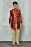 Buy_Petite Pomme_Red Jacquard, Denim, Silk Embroidery Floret Pattern Sherwani And Churidar Set _Online_at_Aza_Fashions