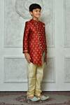 Petite Pomme_Red Jacquard, Denim, Silk Embroidery Floret Pattern Sherwani And Churidar Set _at_Aza_Fashions