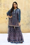 Shop_Label Niti Bothra_Blue Pure And Handwoven Banarasi Silk With Bemberg Printed Kurta Sharara Set_Online_at_Aza_Fashions