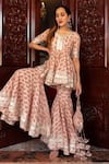 POMCHA JAIPUR_Peach Kurta And Sharara Cotton Printed Floral V Neck Set _Online_at_Aza_Fashions