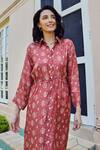 Shop_KARAJ JAIPUR_Red Muslin Floral Pattern Midi Shirt Dress_Online_at_Aza_Fashions