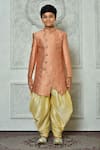Buy_Arihant Rai Sinha_Peach Jacquard, Silk Embroidery Flora Pattern Overlap Sherwani Set _Online_at_Aza_Fashions