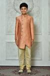 Petite Pomme_Peach Jacquard Embroidery Flora Pattern Overlap Sherwani _Online_at_Aza_Fashions