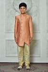 Shop_Petite Pomme_Peach Jacquard, Silk Embroidery Flora Pattern Sherwani And Churidar Set _Online_at_Aza_Fashions