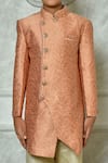 Buy_Petite Pomme_Peach Jacquard Embroidery Flora Pattern Overlap Sherwani _Online_at_Aza_Fashions