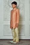 Shop_Petite Pomme_Peach Jacquard Embroidery Flora Pattern Overlap Sherwani _Online_at_Aza_Fashions